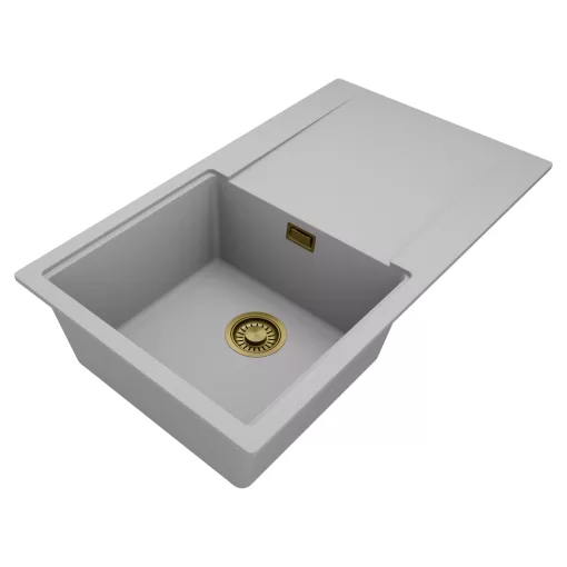 HD Onyx Grey 86 egymedencés gránit mosogatótálca, vágódeszkával, alpesi szürke színben, szálcsiszolt arany leeresztő szifonnal
