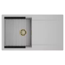 HD Onyx Grey 86 egymedencés mosogatótálca szett, acél csepegtetőráccsal, csepegtetőtálcával, alpesi szürke színben, szálcsiszolt arany leeresztő szifonnal