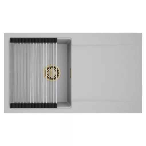 HD Onyx Grey 86 egymedencés mosogatótálca szett, acél csepegtetőráccsal, csepegtetőtálcával, alpesi szürke színben, szálcsiszolt arany leeresztő szifonnal