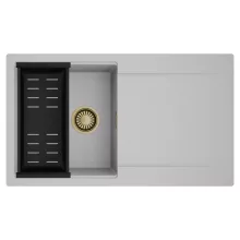 HD Onyx Grey 86 egymedencés mosogatótálca szett, matt fekete csepegtetőkosárral, csepegtetőtálcával, alpesi szürke színben, szálcsiszolt arany leeresztő szifonnal
