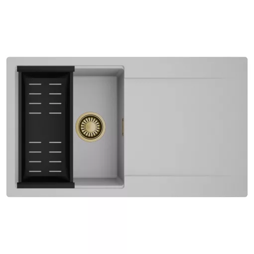 HD Onyx Grey 86 egymedencés mosogatótálca szett, matt fekete csepegtetőkosárral, csepegtetőtálcával, alpesi szürke színben, szálcsiszolt arany leeresztő szifonnal