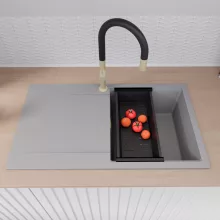 HD Onyx Grey 86 egymedencés mosogatótálca szett, matt fekete csepegtetőkosárral, csepegtetőtálcával, alpesi szürke színben, szálcsiszolt arany leeresztő szifonnal