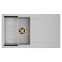 HD Onyx Grey 86 egymedencés mosogatótálca szett, acél csepegtetőkosárral, csepegtetőtálcával, alpesi szürke színben, szálcsiszolt arany leeresztő szifonnal