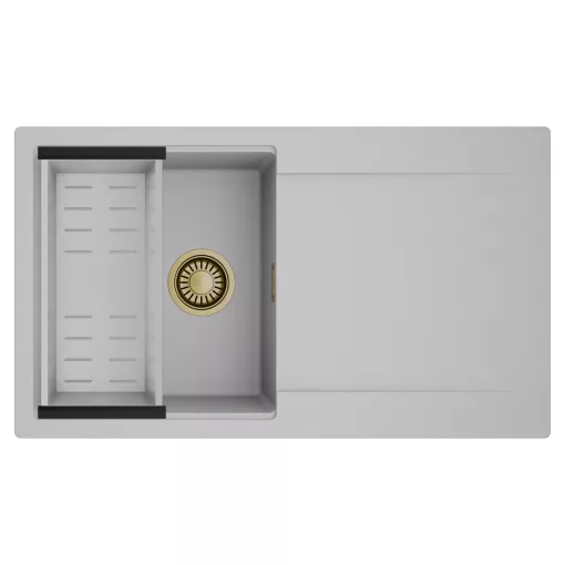 HD Onyx Grey 86 egymedencés mosogatótálca szett, acél csepegtetőkosárral, csepegtetőtálcával, alpesi szürke színben, szálcsiszolt arany leeresztő szifonnal