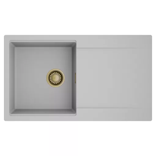 HD Onyx Grey 86 egymedencés mosogatótálca, csepegtetőtálcával, alpesi szürke színben, szálcsiszolt arany leeresztő szifonnal