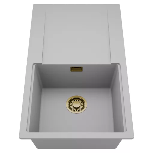 HD Onyx Grey 86 egymedencés mosogatótálca, csepegtetőtálcával, alpesi szürke színben, szálcsiszolt arany leeresztő szifonnal