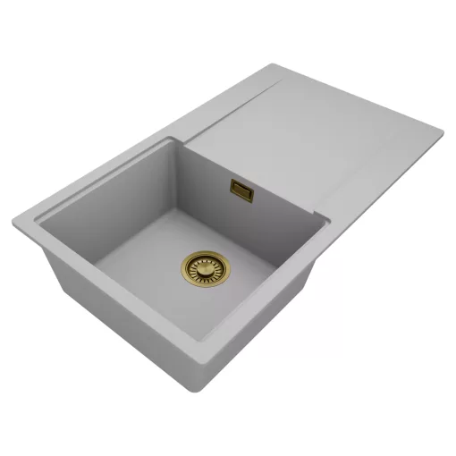 HD Onyx Grey 86 egymedencés mosogatótálca, csepegtetőtálcával, alpesi szürke színben, szálcsiszolt arany leeresztő szifonnal
