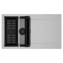 HD Onyx Grey 86 egymedencés mosogatótálca szett, matt fekete csepegtetőráccsal és kosárral, csepegtetőtálcával, alpesi szürke színben, matt fekete leeresztő szifonnal