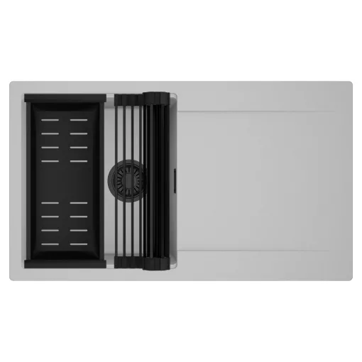 HD Onyx Grey 86 egymedencés mosogatótálca szett, matt fekete csepegtetőráccsal és kosárral, csepegtetőtálcával, alpesi szürke színben, matt fekete leeresztő szifonnal