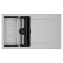 HD Onyx Grey 86 egymedencés mosogatótálca szett, matt fekete csepegtetőráccsal és krómozott kosárral, csepegtetőtálcával, alpesi szürke színben, matt fekete leeresztő szifonnal