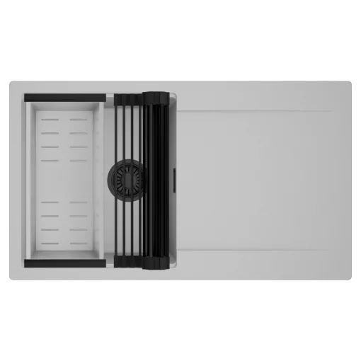 HD Onyx Grey 86 egymedencés mosogatótálca szett, matt fekete csepegtetőráccsal és krómozott kosárral, csepegtetőtálcával, alpesi szürke színben, matt fekete leeresztő szifonnal