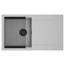 HD Onyx Grey 86 egymedencés mosogatótálca szett, matt fekete csepegtetőráccsal, csepegtetőtálcával, alpesi szürke színben, matt fekete leeresztő szifonnal