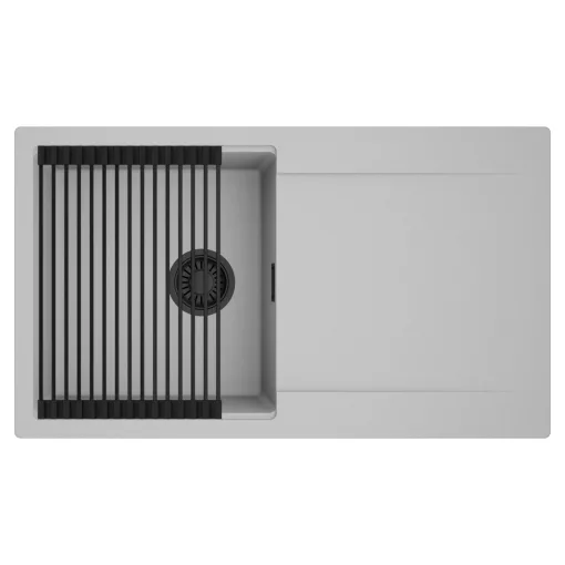 HD Onyx Grey 86 egymedencés mosogatótálca szett, matt fekete csepegtetőráccsal, csepegtetőtálcával, alpesi szürke színben, matt fekete leeresztő szifonnal