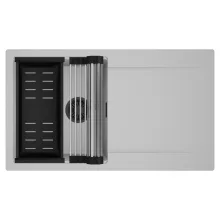 HD Onyx Grey 86 egymedencés mosogatótálca szett, acél csepegtetőráccsal és matt fekete kosárral, csepegtetőtálcával, alpesi szürke színben, matt fekete leeresztő szifonnal