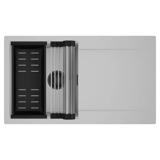 HD Onyx Grey 86 egymedencés mosogatótálca szett, acél csepegtetőráccsal és matt fekete kosárral, csepegtetőtálcával, alpesi szürke színben, matt fekete leeresztő szifonnal