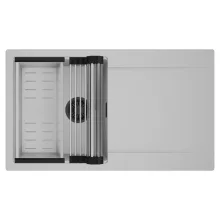 HD Onyx Grey 86 egymedencés mosogatótálca szett, acél csepegtetőráccsal és kosárral, csepegtetőtálcával, alpesi szürke színben, matt fekete leeresztő szifonnal