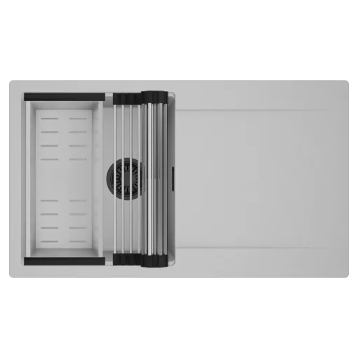 HD Onyx Grey 86 egymedencés mosogatótálca szett, acél csepegtetőráccsal és kosárral, csepegtetőtálcával, alpesi szürke színben, matt fekete leeresztő szifonnal