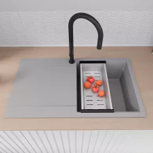 HD Onyx Grey 86 egymedencés mosogatótálca szett, acél csepegtetőráccsal és kosárral, csepegtetőtálcával, alpesi szürke színben, matt fekete leeresztő szifonnal