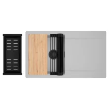 HD Onyx Grey 86 egymedencés gránit mosogatótálca szett, csepegtetőtálcával, vágódeszkával, matt fekete csepegtetőráccsal és kosárral, alpesi szürke színben, matt fekete leeresztő szifonnal