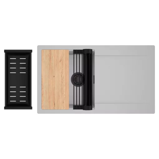 HD Onyx Grey 86 egymedencés gránit mosogatótálca szett, csepegtetőtálcával, vágódeszkával, matt fekete csepegtetőráccsal és kosárral, alpesi szürke színben, matt fekete leeresztő szifonnal