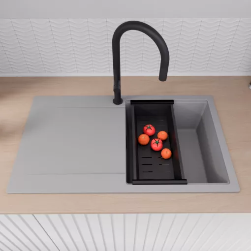 HD Onyx Grey 86 egymedencés gránit mosogatótálca szett, csepegtetőtálcával, vágódeszkával, matt fekete csepegtetőráccsal és kosárral, alpesi szürke színben, matt fekete leeresztő szifonnal