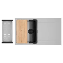 HD Onyx Grey 86 egymedencés gránit mosogatótálca szett, csepegtetőtálcával, vágódeszkával, matt fekete csepegtetőráccsal és krómozott kosárral, alpesi szürke színben, matt fekete leeresztő szifonnal