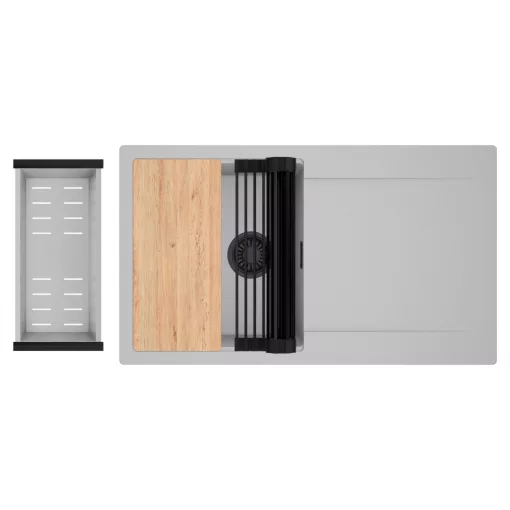 HD Onyx Grey 86 egymedencés gránit mosogatótálca szett, csepegtetőtálcával, vágódeszkával, matt fekete csepegtetőráccsal és krómozott kosárral, alpesi szürke színben, matt fekete leeresztő szifonnal