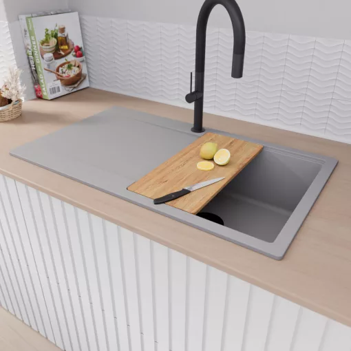 HD Onyx Grey 86 egymedencés gránit mosogatótálca szett, csepegtetőtálcával, vágódeszkával, matt fekete csepegtetőráccsal és krómozott kosárral, alpesi szürke színben, matt fekete leeresztő szifonnal