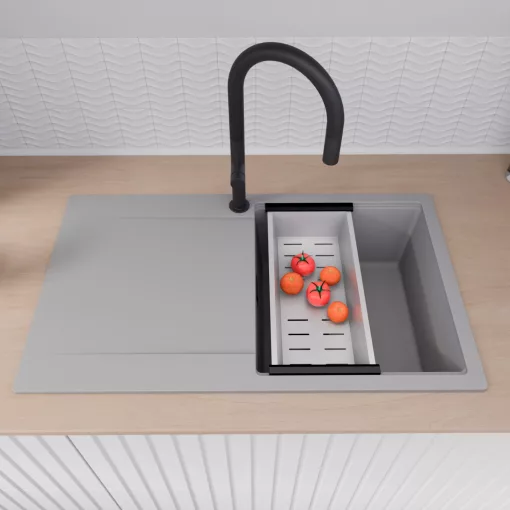 HD Onyx Grey 86 egymedencés gránit mosogatótálca szett, csepegtetőtálcával, vágódeszkával, matt fekete csepegtetőráccsal és krómozott kosárral, alpesi szürke színben, matt fekete leeresztő szifonnal