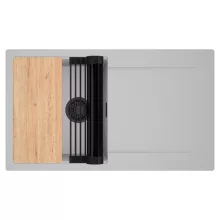 HD Onyx Grey 86 egymedencés gránit mosogatótálca szett, csepegtetőtálcával, vágódeszkával, matt fekete csepegtetőráccsal, alpesi szürke színben, matt fekete leeresztő szifonnal