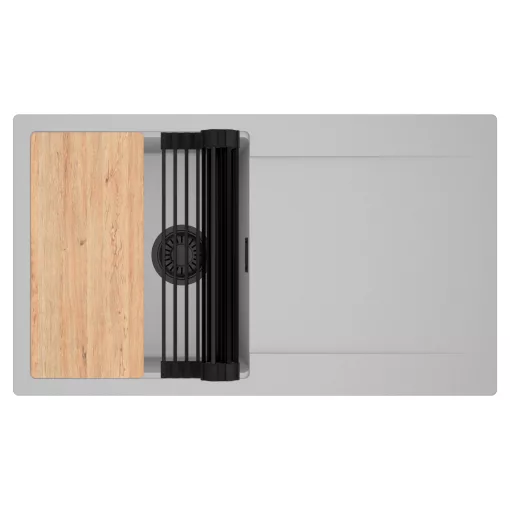 HD Onyx Grey 86 egymedencés gránit mosogatótálca szett, csepegtetőtálcával, vágódeszkával, matt fekete csepegtetőráccsal, alpesi szürke színben, matt fekete leeresztő szifonnal