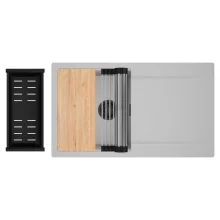 HD Onyx Grey 86 egymedencés gránit mosogatótálca szett, csepegtetőtálcával, vágódeszkával, acél csepegtetőráccsal és matt fekete kosárral, alpesi szürke színben, matt fekete leeresztő szifonnal