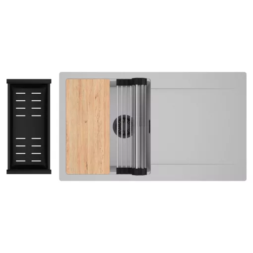 HD Onyx Grey 86 egymedencés gránit mosogatótálca szett, csepegtetőtálcával, vágódeszkával, acél csepegtetőráccsal és matt fekete kosárral, alpesi szürke színben, matt fekete leeresztő szifonnal