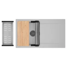 HD Onyx Grey 86 egymedencés gránit mosogatótálca szett, csepegtetőtálcával, vágódeszkával, acél csepegtetőráccsal és kosárral, alpesi szürke színben, matt fekete leeresztő szifonnal