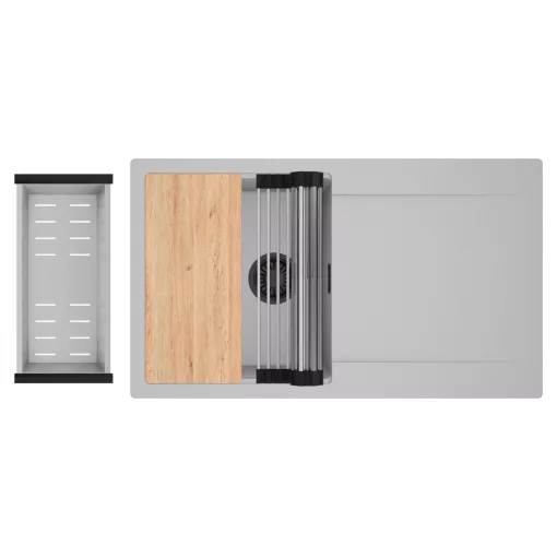 HD Onyx Grey 86 egymedencés gránit mosogatótálca szett, csepegtetőtálcával, vágódeszkával, acél csepegtetőráccsal és kosárral, alpesi szürke színben, matt fekete leeresztő szifonnal