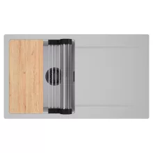 HD Onyx Grey 86 egymedencés gránit mosogatótálca szett, csepegtetőtálcával, vágódeszkával, acél csepegtetőráccsal, alpesi szürke színben, matt fekete leeresztő szifonnal