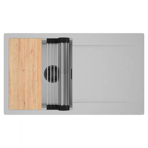 HD Onyx Grey 86 egymedencés gránit mosogatótálca szett, csepegtetőtálcával, vágódeszkával, acél csepegtetőráccsal, alpesi szürke színben, matt fekete leeresztő szifonnal