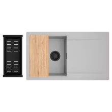 HD Onyx Grey 86 egymedencés gránit mosogatótálca szett, csepegtetőtálcával, vágódeszkával, matt fekete csepegtetőkosárral, alpesi szürke színben, matt fekete leeresztő szifonnal