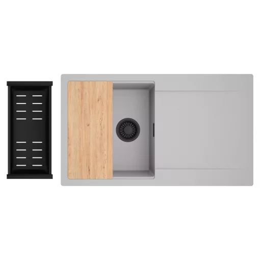 HD Onyx Grey 86 egymedencés gránit mosogatótálca szett, csepegtetőtálcával, vágódeszkával, matt fekete csepegtetőkosárral, alpesi szürke színben, matt fekete leeresztő szifonnal