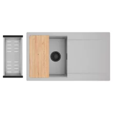 HD Onyx Grey 86 egymedencés gránit mosogatótálca szett, csepegtetőtálcával, vágódeszkával, acél csepegtetőkosárral, alpesi szürke színben, matt fekete leeresztő szifonnal