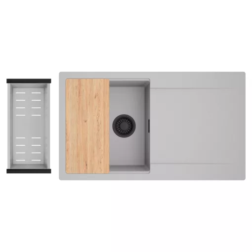 HD Onyx Grey 86 egymedencés gránit mosogatótálca szett, csepegtetőtálcával, vágódeszkával, acél csepegtetőkosárral, alpesi szürke színben, matt fekete leeresztő szifonnal