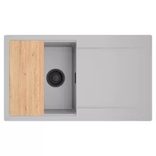 HD Onyx Grey 86 egymedencés gránit mosogatótálca, vágódeszkával, alpesi szürke színben, matt fekete leeresztő szifonnal