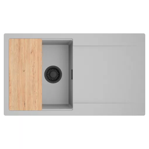 HD Onyx Grey 86 egymedencés gránit mosogatótálca, vágódeszkával, alpesi szürke színben, matt fekete leeresztő szifonnal