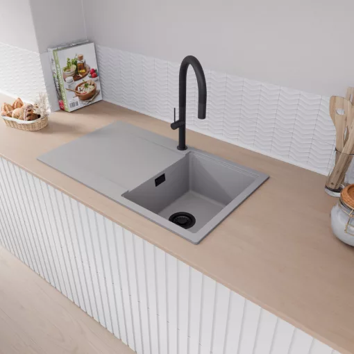 HD Onyx Grey 86 egymedencés gránit mosogatótálca, vágódeszkával, alpesi szürke színben, matt fekete leeresztő szifonnal