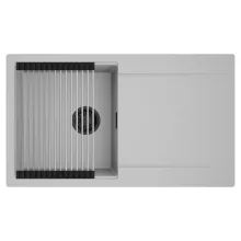 HD Onyx Grey 86 egymedencés mosogatótálca szett, acél csepegtetőráccsal, csepegtetőtálcával, alpesi szürke színben, matt fekete leeresztő szifonnal