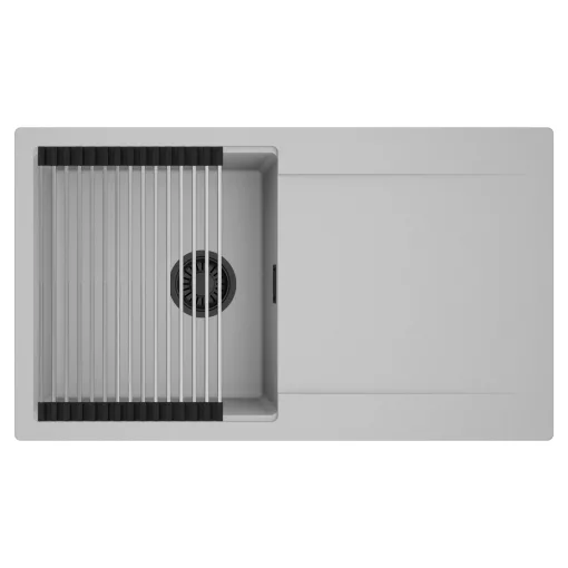 HD Onyx Grey 86 egymedencés mosogatótálca szett, acél csepegtetőráccsal, csepegtetőtálcával, alpesi szürke színben, matt fekete leeresztő szifonnal