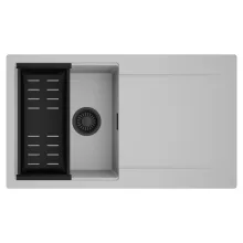 HD Onyx Grey 86 egymedencés mosogatótálca szett, matt fekete csepegtetőkosárral, csepegtetőtálcával, alpesi szürke színben, matt fekete leeresztő szifonnal