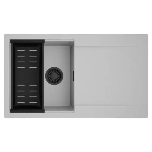 HD Onyx Grey 86 egymedencés mosogatótálca szett, matt fekete csepegtetőkosárral, csepegtetőtálcával, alpesi szürke színben, matt fekete leeresztő szifonnal