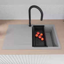 HD Onyx Grey 86 egymedencés mosogatótálca szett, matt fekete csepegtetőkosárral, csepegtetőtálcával, alpesi szürke színben, matt fekete leeresztő szifonnal