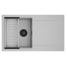 HD Onyx Grey 86 egymedencés mosogatótálca szett, acél csepegtetőkosárral, csepegtetőtálcával, alpesi szürke színben, matt fekete leeresztő szifonnal